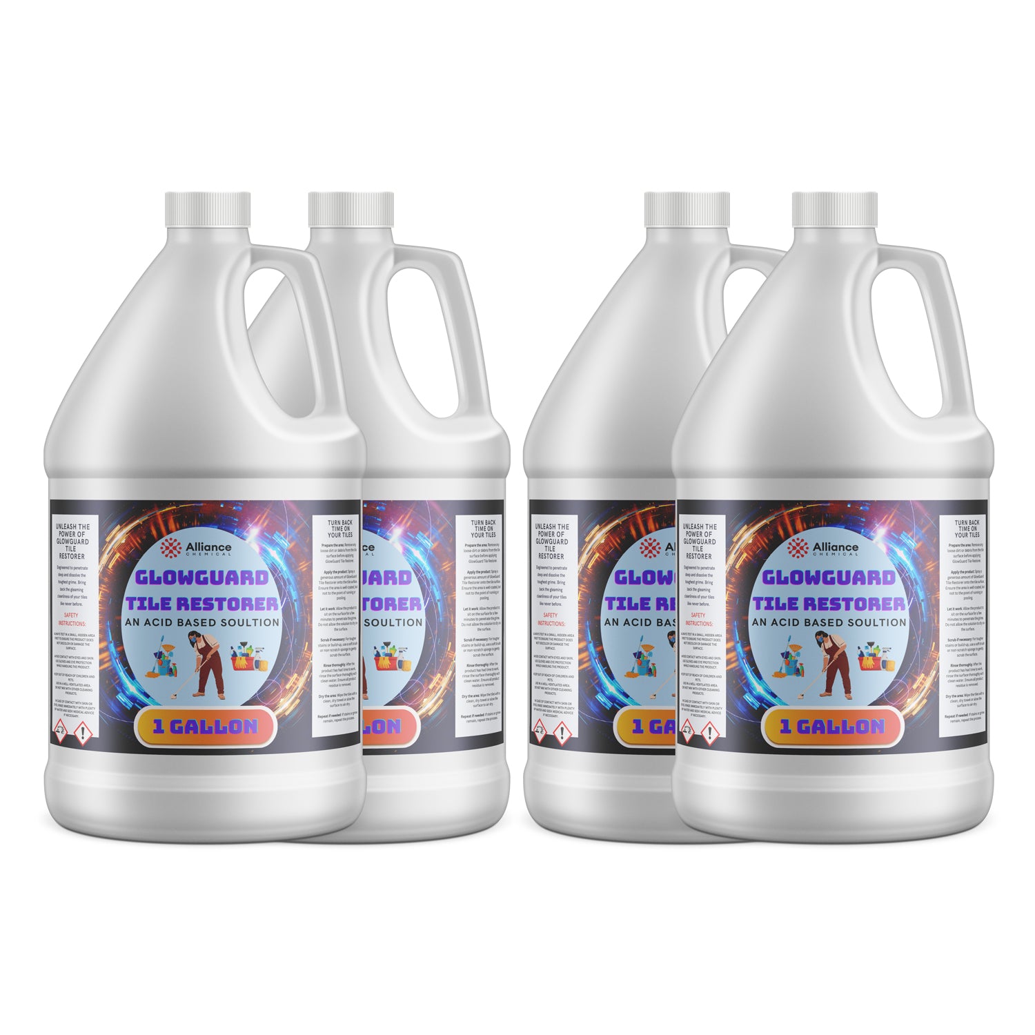 4x1-gallon HDPE jugs of Glowguard Tile Restorer acid-based solution by Alliance Chemical, featuring hazard warning symbols and illustrated product labels.